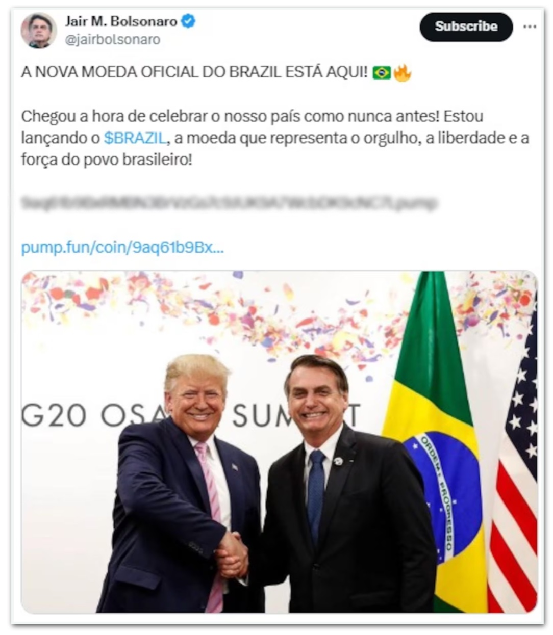 Publicação na página de Bolsonaro no X