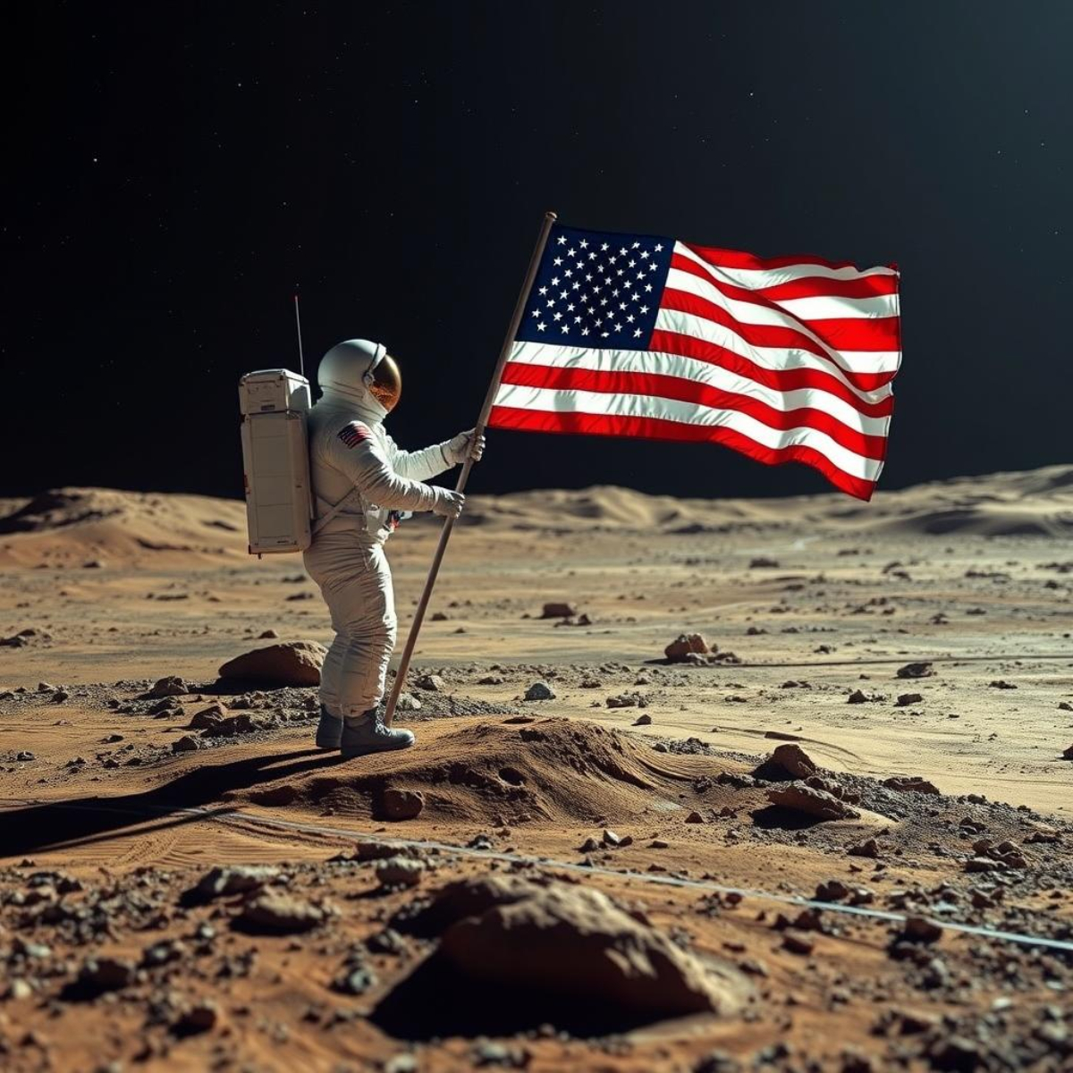 Astronauta Norteamericano cravando bandeira em Marte