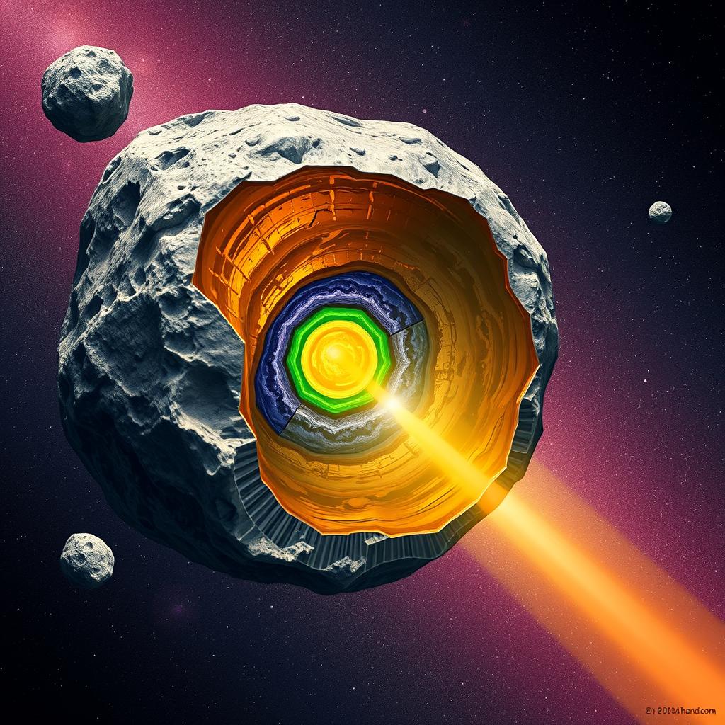Ilustração mostrando composição interna de asteroides ricos em metais preciosos e terras raras