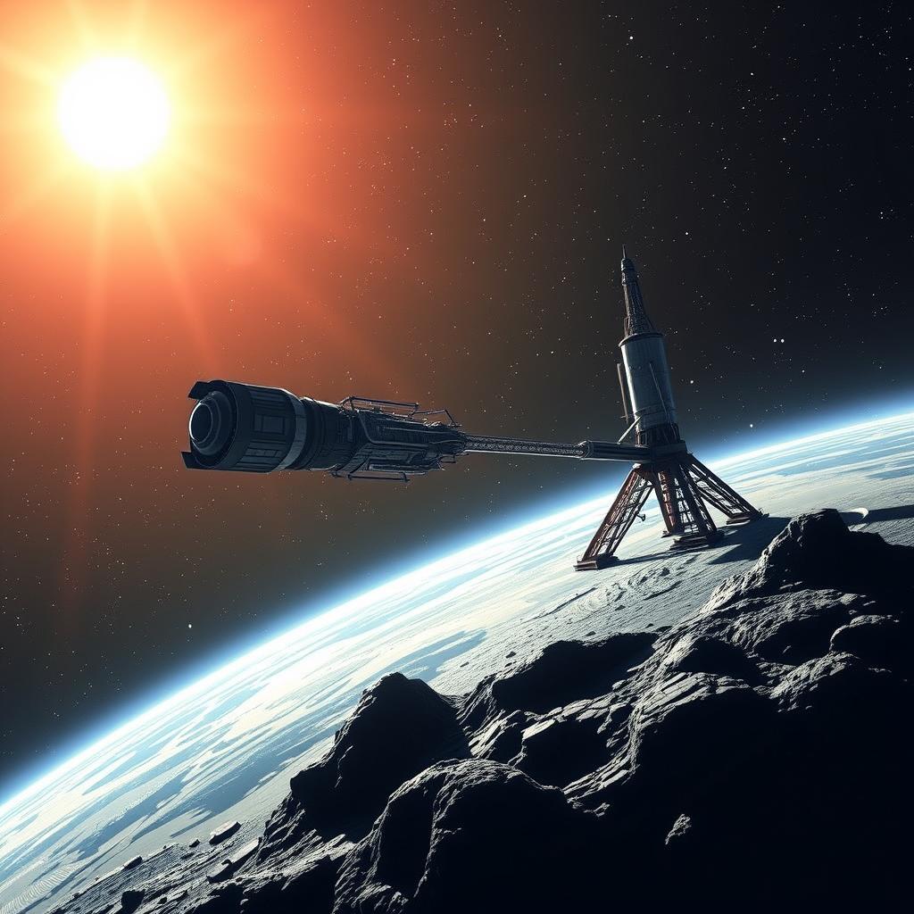 Astronauta minerando asteroide com equipamento avançado no espaço, ilustrando o conceito de mineração espacial